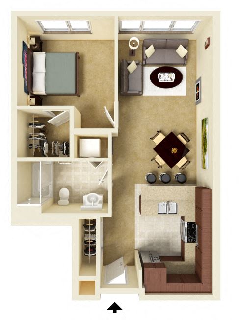 Floor plan for 1 bed, 1 bath, 660 sqft